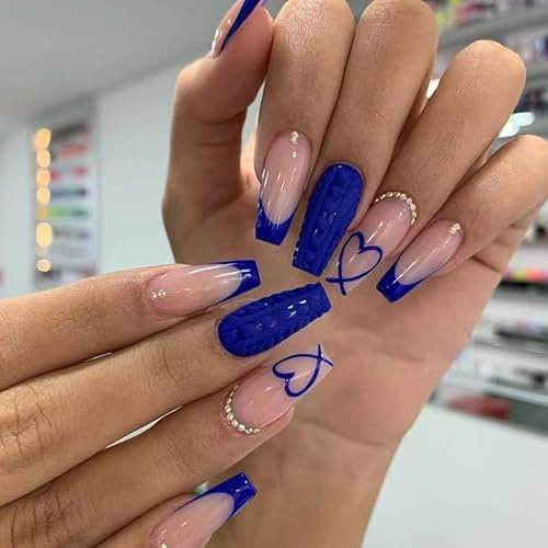 24pcs Long Square False Nails - French Tip Dark Blue Edge Heart Rhinestone Press On Nails - Removable Glue On Full Cover Fake Nails - Valentines Day Women Brides Nail Art Accessories
