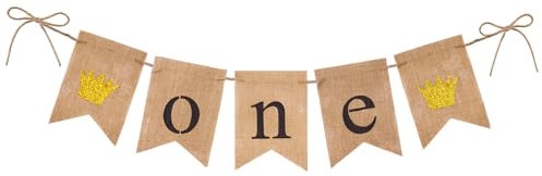 jijAcraft Krone Deko 1. Geburtstag Sackleinen-Banner, One Hochstuhl Banner, Sackleinen One Hochstuhl Banner, ONE Happy Birthday Banner für Jungen oder Mädchen, Baby-Erster-Geburtstags-Dekoration