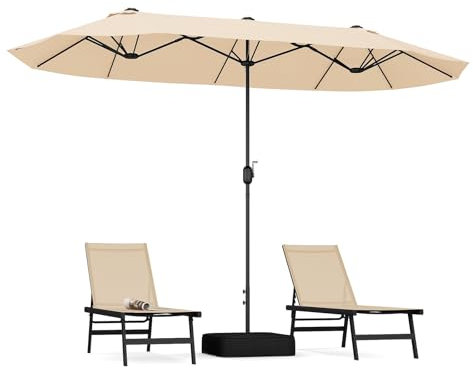 COSTWAY 4m Double-sided Patio Parasol, Outdoor Extra Large Sun Umbrella with Base, Crank Handle and Safety Lock, Market Umbrellas Sunshade Shelter for Garden Beach Yard (Beige)