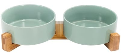 SPUNKYJUNKY Gamelle Double en céramique avec Support en Bambou pour Chiens de Grande Taille (1800 ML, Vert Clair x 2)