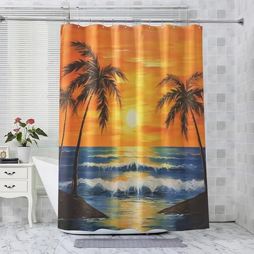ADEIRO Duschvorhang Sonnenuntergang, Strand Duschvorhang 90x180 Anti Schimmel, Palmen Duschvorhang mit 12 Plastik Haken, Waschbar Textil Shower Curtains für Dusche und Badewanne