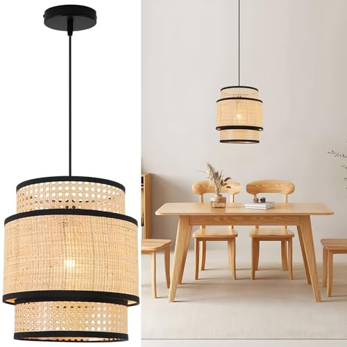 FORCOSO Deckenlampe Wohnzimmer Hängelampe Rattan Lampe Boho Ø29cm Vintage Lampenschirm für Schlafzimmer als Deckenlampe Wohnzimmer oder Ceiling Light über Esstisch - Braun/Schwarz