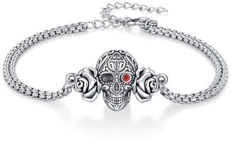 REDSUN Totenkopf Rose Armband 925 Sterling Silber Gotik Punk Schädel Skull Armkette Weihnachten Geschenk für Goth-Liebhaber Damen Herren