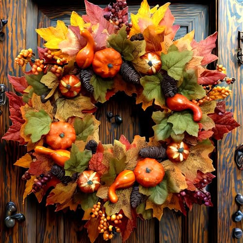 Künstliche Kürbisse Kranz,künstliche Ahornblatt Girlanden 45cm,Leave Spaliere für Kürbisse Kranz Herbstlaub Ahornblatt Herbstkranz Haustür Thanksgiving Dinner Party Kamin Weihnachtsdekoration