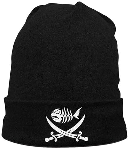 Jolly Roger Strickmütze für Herren und Damen, Winter, warme Beanie-Mütze, Slouchy Cross Schwerter, Beanie-Mütze, Piraten-Fisch, Totenkopfkappe, Schwarz, Piratenfisch, 1