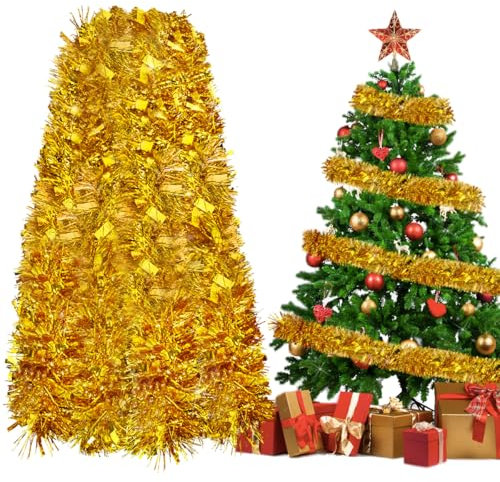 REFORUNG Weihnachten Lametta Girlande, 10 M Glänzende Weihnachtsgirlande Tinsel Weihnachtsbaum Deko Lametta Metallische Lametta Girlande Für Weihnachten, Hochzeiten, Urlaubsfeiern Dekoration (Gold)
