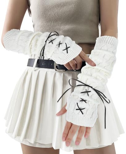 Arm Warmers Cute Y2k Harajuku Japanese Style Long Fingerless Gloves for Women Girls, Cold Weather Fsahion Lotila Arm Sleeve Thumb Hole Gloves (15.7Inch) (White)