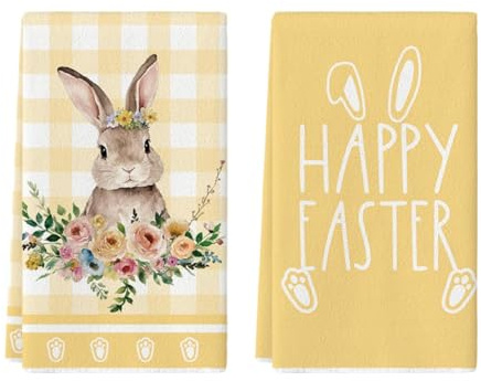 Artoid Mode Gelb Büffelkaro Kaninchen Blumen Ostern Küchentücher Geschirrtücher, 42x65 cm Happy Easter Dekoration Polyester Handtücher 2er Set