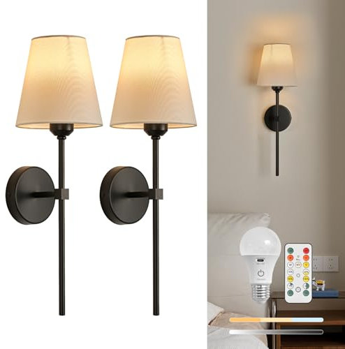 BRIMETI Applique Murale Intérieure Sans Fil Chambre Batterie Ampoule Rechargeable LED Lampe Murale Dimmable E27 Luminaire, avec Télécommande, 2 PCS 5200mAh Pour Salon Couloir Cuisine