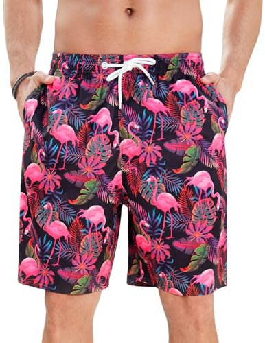 Enlision Bañadores Hombre Fucsia Secado Rápido Bañador Natación Hombre Moda Pantalones Cortos Hawaiano Flamenco Bermudas Traje de Baño con Forro de Malla para Piscina Playa Surfero Vacaciones S
