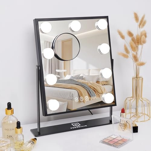 FENCHILIN Schminkspiegel mit Beleuchtung 9 dimmabare Lampen Hollywood Spiegel mit Beleuchtung LED Lampen 360° Schminkspigel mit Licht 3 Lichtfarben 10x Vergrößerung Schwarz 25x30 cm