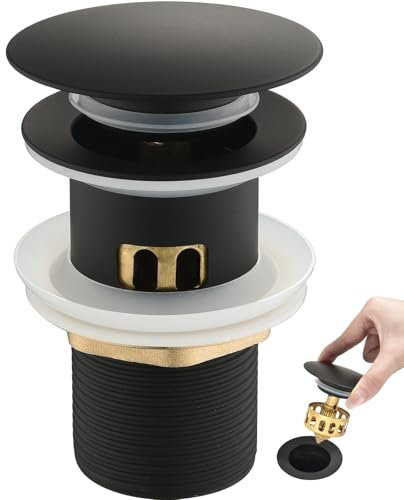 kelleria Desagüe tapon Lavabo Click clack para Lavabo, Válvula Pop up Desplegable con Rebosadero, 1/4 Válvula de desagüe con Tapa de latón para Lavabo, desagüe con Goma Engrosada, Negro Mate