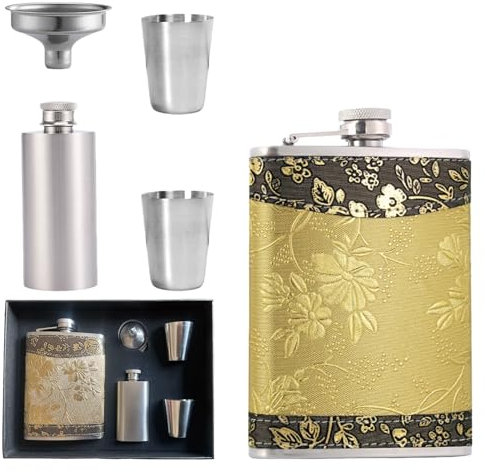 Golden Stainless Steel Hip Flask Gift Set Portable Leakproof Drinking Flasks Whiskey Wine Pot Drinkware, with 8oz & 2oz Hip Flask Funnel & Shot Glasses, for Outdoor Adventures Camping Bar Party