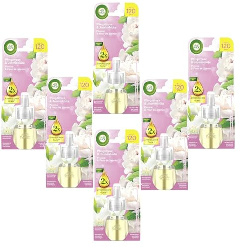Air Wick Duftstecker Nachfüller – Duft: Pfingstrose und Jasminblüte – Floral-fruchtiger Raumduft für die Steckdose – 6x 19ml Duftölflakon-Nachfüller