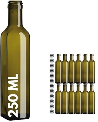 Buyglass Bottiglia per liquore di Vetro Verde da 250 ml, Set di 12 Bottiglie con Tappi, per Vino e Olio