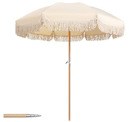 Parasol de Jardin Pare-Soleil d'extérieur, Parasol de Patio de 6,5 Pieds avec Franges, Parasol bohème Blanc avec Franges, parasols de Plage réglables hawaïens, réglage à 180 °, Support de pa