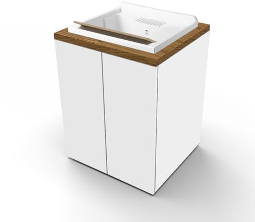 Liberoshopping Mobile Lavatoio in Legno 2 Ante con Vasca in Resina Bianco, Ripiano Interno, Apertura Push Pull, 71x65 cm, per Lavanderia e Spazi Piccoli (Bianco Lucido/Noce)