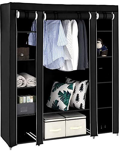 AiQInu Faltschrank 5-Etagen 12 Fächer 147x44x174 cm – Stoffschrank mit Kleiderstange stabil, Faltbarer Kleiderschrank aus 95 g/m² Vlies (Schwarz)