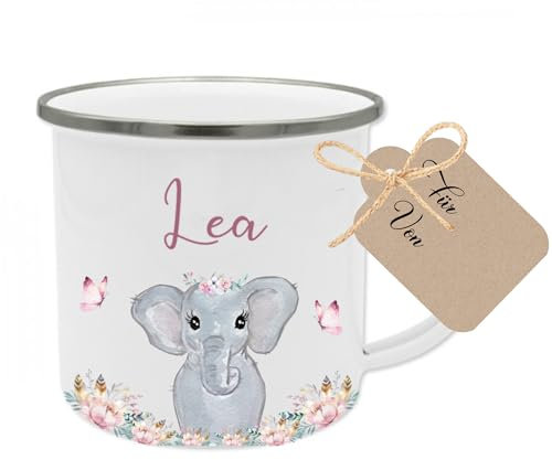 Manufaktur Liebevoll Namenstasse Kinder Kindertasse Personalisiert Emaille Tasse Mädchen Junge Geschenk Elefant
