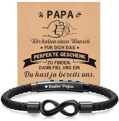 Vatertagsgeschenk für Papa Armband Herren - Lederarmband Unendlichkeitszeichen mit Gravur Bester Papa Opa Männer Ich Liebe Dich Geschenke für Mann Ehemann zum Geburtstag Jahrestag (Schwarz-Papa)