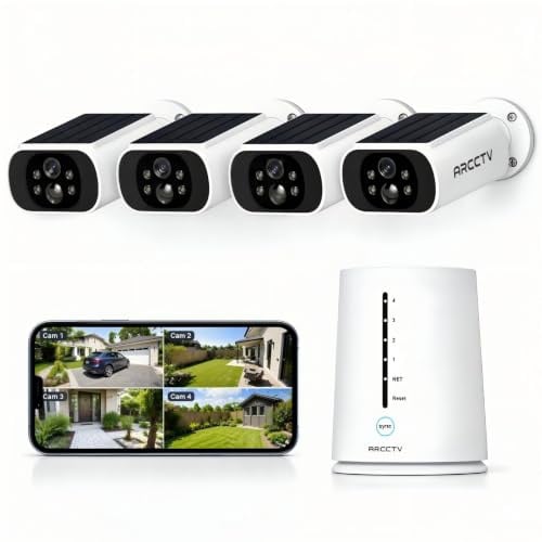 ARCCTV 4MP Überwachungskamera Aussen Set, WLAN Kamera Outdoor Solar | Ohne ABO, Personenerkennung, PIR Motion Sensor, Vollfarbige Nachtsicht, 4 Kameras mit Basisstation, mit Speicherkarte