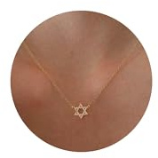 PRTGL Gold Necklace: 14k Gold Plated Cubic Zirconia Paved Star of David Hexagram Pendant Necklace for Women