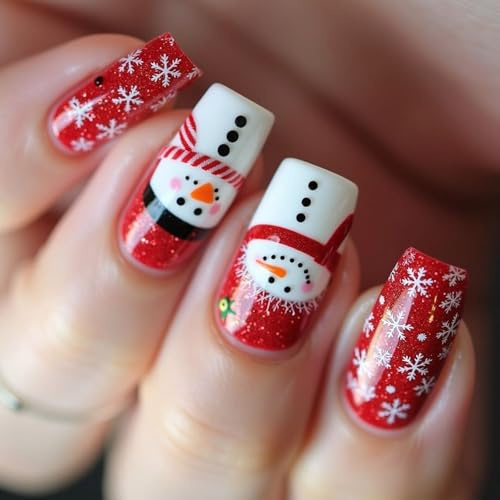 Faux ongles de Noël en forme de bonhomme de neige - Couverture complète - À coller - Flocon de neige blanc - À presser - Faux bonhomme de neige à coller