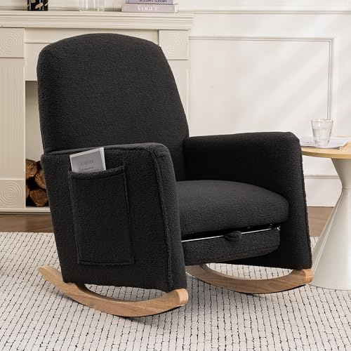 HAUSPROFI Schaukelstuhl mit Fußstütze, Schaukelsesssel mit Hoher Rückenlehne, Großer Stillsessel, Bequemer Lesesessel aus Holz für Wohn- und Schlafzimmer, Teddystoff, 67x126x98cm (LxBxH) (Dunkelgrau)