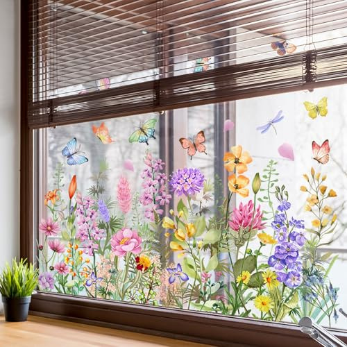 WandSticker4U®- Fenstersticker BLUMENWIESE bunt (95x59 cm) I Fensterbilder Frühling selbstklebend Blumen Pflanzen I Fensteraufkleber Fensterdeko Blumen Frühlingsdeko Fenster wiederverwendbar GROß