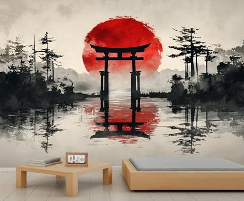3D Tapeten Japanisch Fototapete Rote Sonnentinte Torii-Tor Vlies Tapeten 300 x 210 cm Orientalisch-zentral Wandtapete HD Druck geeignet Fototapete für Kinderzimmer Jungenzimmer