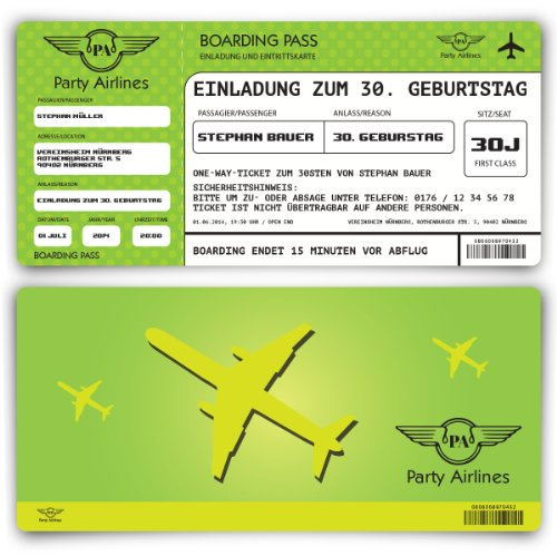 Einladungskarten zum Geburtstag (40 Stück) als Flugticket Party Ticket Karte Einladung Grün
