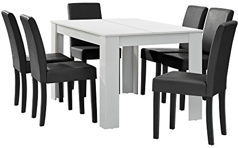[en.casa] Esstisch weiß matt mit 6 Stühlen dunkelgrau Kunstleder gepolstert 140x90 Essgruppe Esszimmer