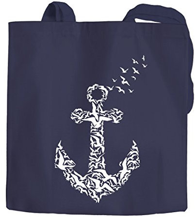Stoffbeutel Stofftasche Anker Vögel Anchor Birds Einkaufstasche Tragetasche Jutebeutel Autiga® navy 2 lange Henkel