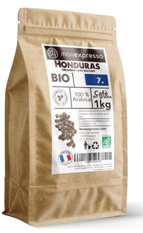 Café en grains décaféiné sans solvant - 1 kg origine Honduras - Intensité 7-100% arabica bio - Torréfié artisanalement en France
