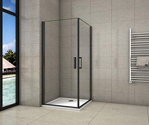 AICA cabine de douche 90x80cm porte de douche pivotante noir en 8mm verre anticalcaire hauteur:200cm