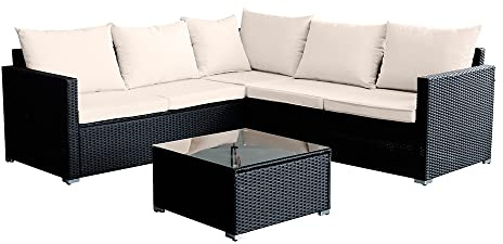 Panana 5 Seater Rattan Garden Furniture Corner Sofa Set with Coffee Table, Outdoor Patio Lounge Set with Cushions & Free Cover for Garden, Conservatory, Terrace
