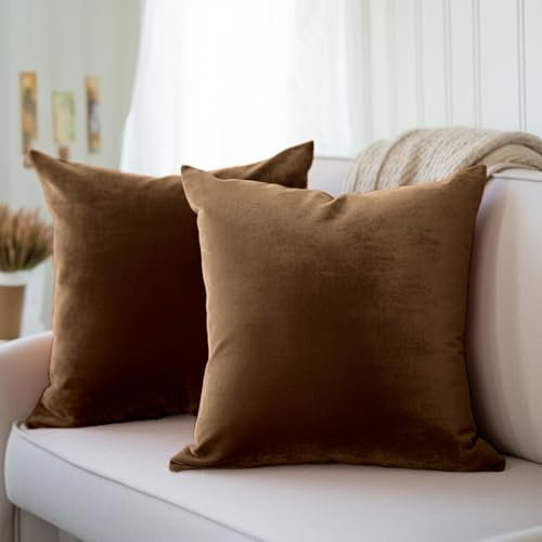 Encasa Homes Kissenbezüge aus Samt - 2er-Set (60x60 cm) - Kaffee- Uni gefärbt, weich & glatt, waschbar, quadratisch, großer Wurfkissenbezug für Couch, Sofa, Stuhl, Bett und Wohnbereich