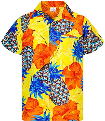 King Kameha Funky Hawaii-Hemd, Herren, Kurzarm, Pineapple-Hibiscus, Shadow-Gelb, M