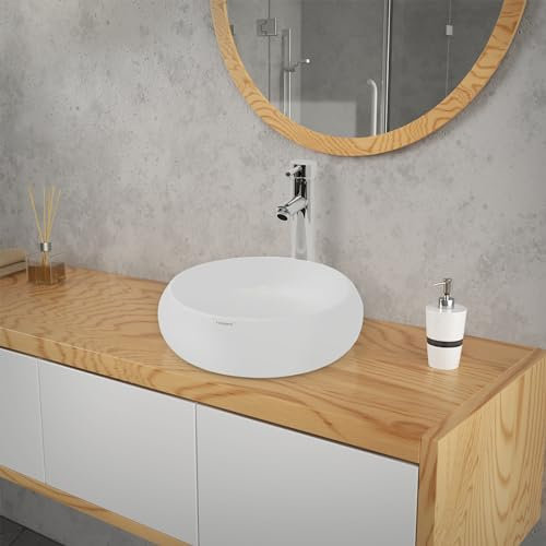 ECD Germany Waschbecken Waschtisch Ø 350 x 120 mm aus Keramik Rund Weiß - Aufsatzbecken Aufsatzwaschbecken Handwaschbecken Aufsatzwaschtisch Spülbecken Becken Wasserfall Waschschale Waschschüssel