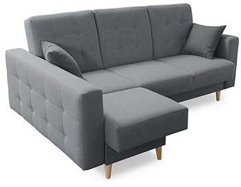 Robin Hilton Ecksofa mit Schlaffunktion Bettkasten 2 Kissen Sofa L-Form Schlafsofa Freistehende Eckcouch Schlafcouch Wohnzimmermöbel Wohnlandschaft Grau