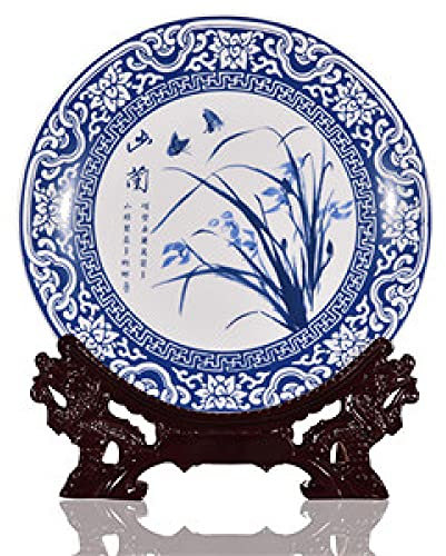 MCWJ Keramik Ornamentteller Keramik Ornamentteller blau und weiß Bambus Orchidee Deko Teller Holzsockel Porzellan Teller Set Hochzeit Geschenk Orchidee