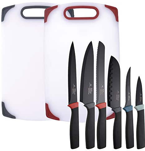 Set 2 tablas de corte y 6 cuchillos de cocina Infinity Chefs Essence: 1 Chef, 1 Santoku, 1 fileteador, 1 para el pan, 1 cuchillo pelador, y 1 cuchillo dentado para carne.