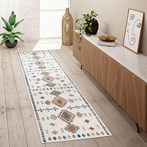 Paco Home Teppich Läufer Flur Schlafzimmer Kurzflor Modern Pastell Boho Skandi Rautenmuster, Grösse:60x100 cm, Farbe:Creme