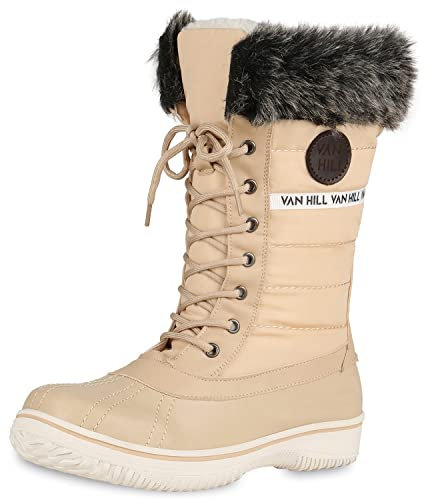 VAN HILL Warm Gefütterte Damen Stiefeletten Winterboots Stiefel Schuhe 202139 Beige 38