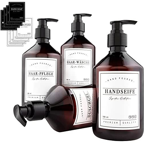 MONOKO 4er Set Seifenspender Kunststoff Braun 250ml Flasche - Plastik Shampoo Spender zum Befüllen - Pumpflasche inkl. Etiketten