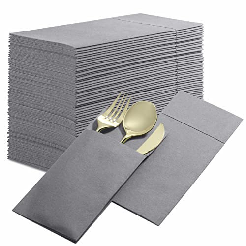 50er-Pack Einweg-Servietten im Leinen-Look mit integriertem Bestecktaschen, Grau, vorgefaltet, stoffähnliche Papier-Servietten für Abendessen, Hochzeiten oder Partys [Besteck nicht enthalten]