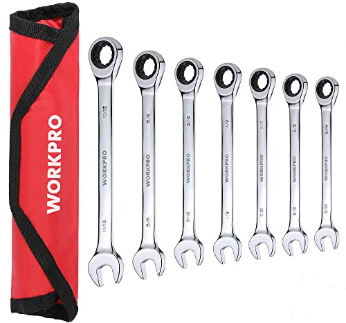 WORKPRO 7-Piece Ratcheting Combination Wrench Set, 72 Teeth, Cr-V Constructed, Combo Ratchet Wrenches Set with Roll Up Pouch, SAE 5/16-11/16