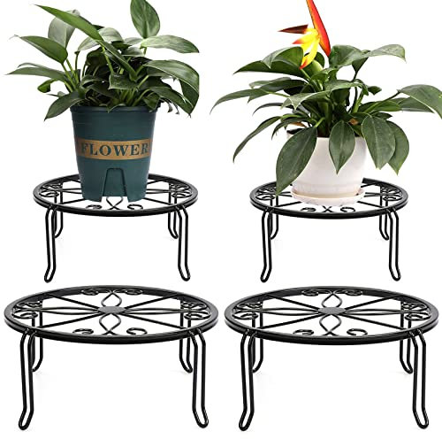 MUAEEOK 4 Pack Black Metal Potted Plant Stands for Indoor and Outdoor Plants 9.1 inches/23 cm Flower Pot Planter Holder, Metal Rustproof Iron Garden Container Round Supports (4, Black)