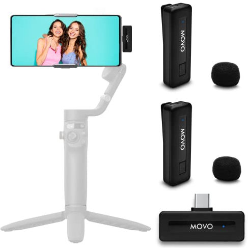 Movo Wireless Mini Duo Ultra Compact Wireless Dual Microphone System for Android with Clip on Lavalier Mics, 10HR Battery, 50m Range, Noise Cancellation - USB-C Lapel Microphone for Video Recording