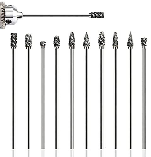 Treki 10PCS Fraises en Carbure de Tungstène 3mm (1/8) Tige Limes Rotatives Fraises Longue Double Coupe Forets Rotatifs pour Bois Métal Céramique Bijoux Verre 100mm